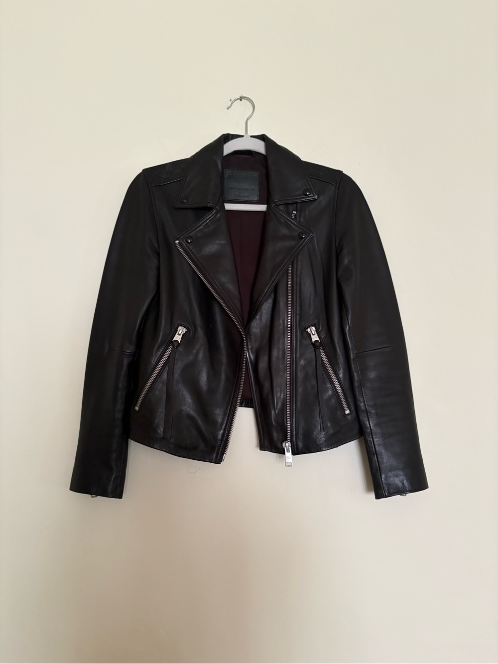 All Saints Black Leather Dalby Moto Jacket Size 4